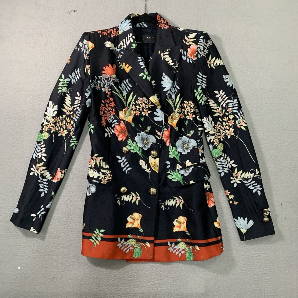 Zara Black Vibrant Floral Print Double Breasted Jacket/ Blazer Sz~XS~ Stylish